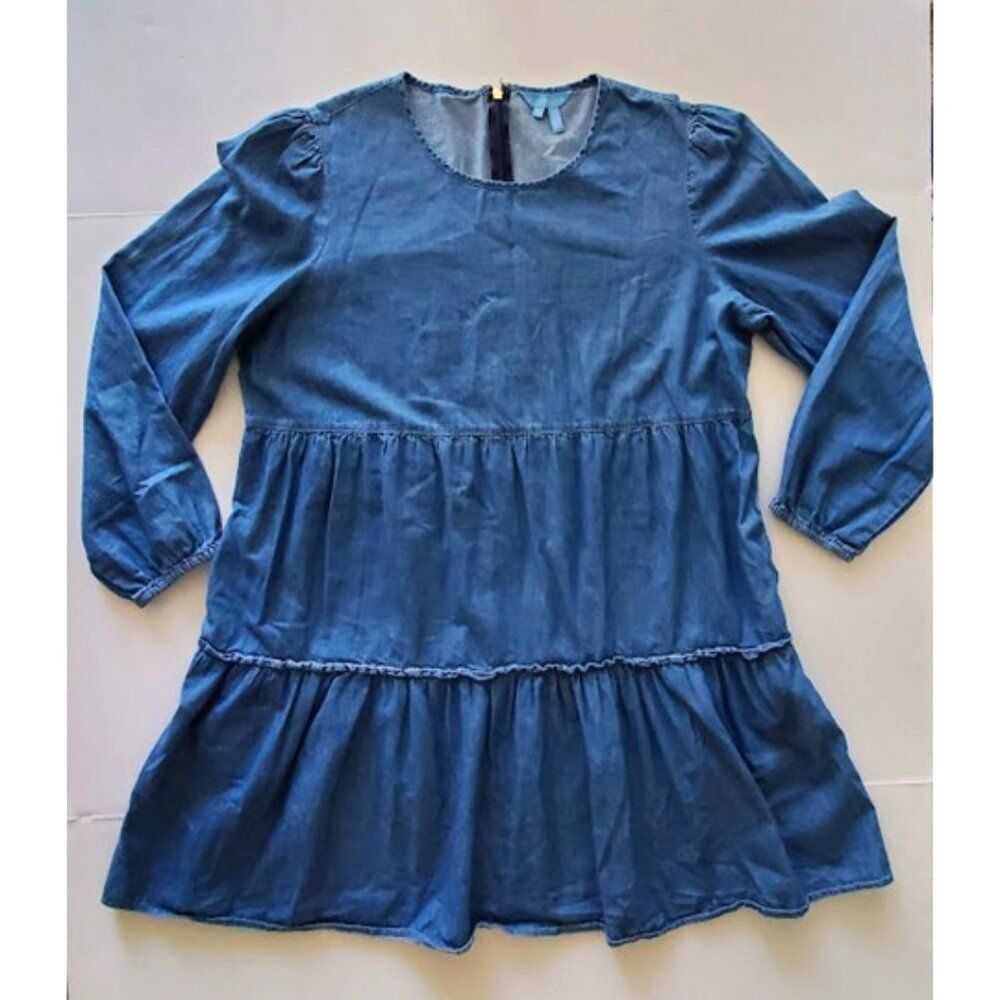 Draper James Tiered Blue Chambray Dress Cotton Mini Women Sz L Cottagecore - Picture 2 of 8
